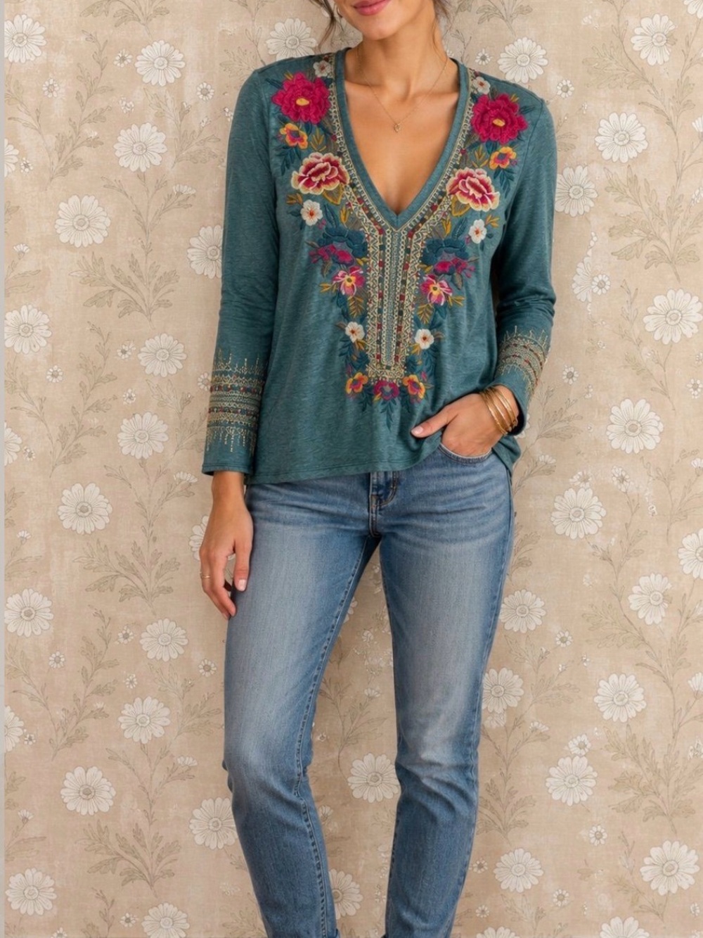 Johnny Was Los Angeles Embroidered Floral V-Neck Top Teal Small